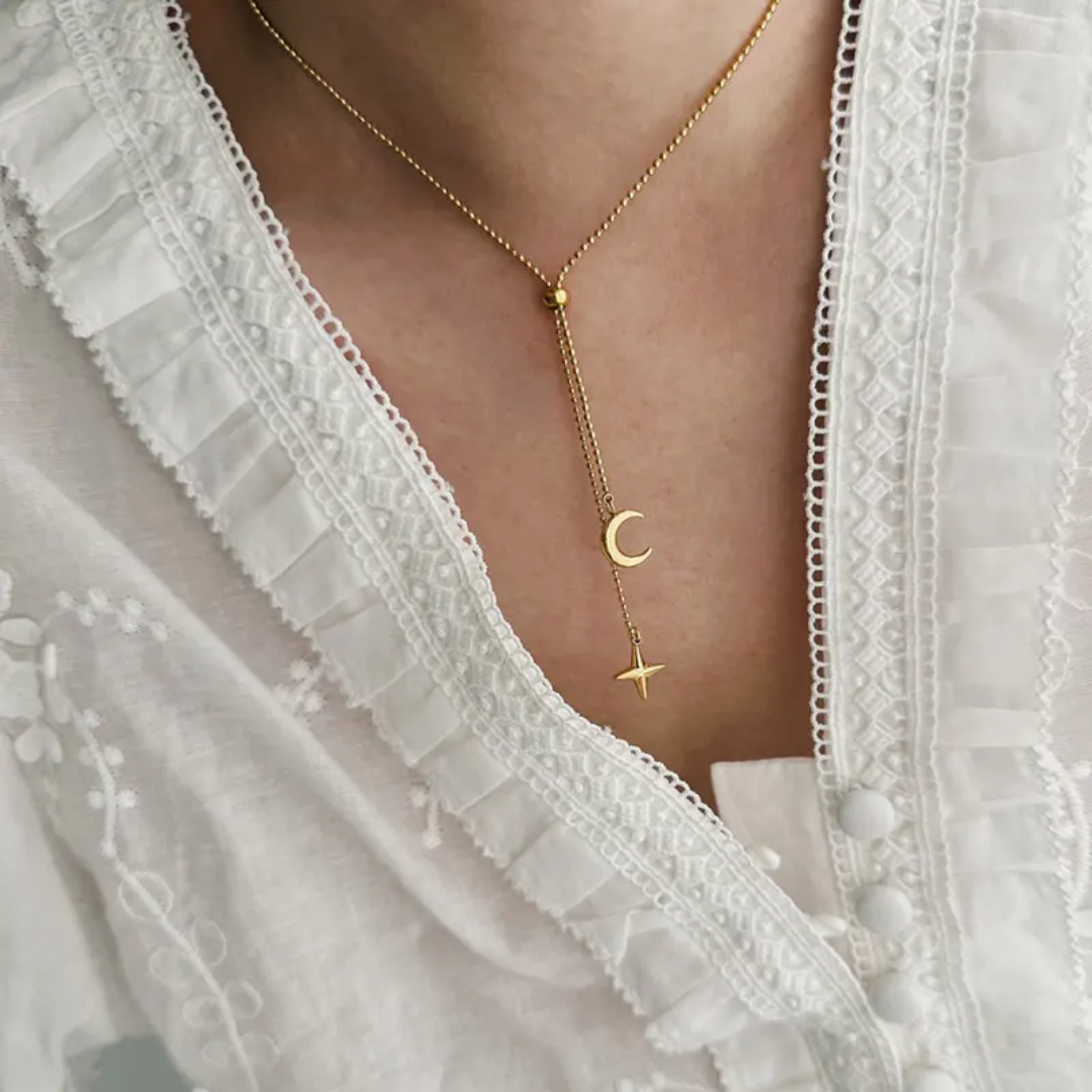 Moon and Star Tassel Pendant Necklace