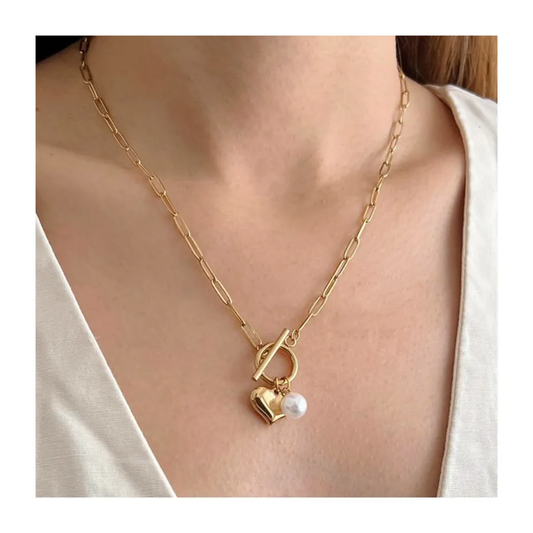 Paperclip Pearl Heart Pendant Necklace