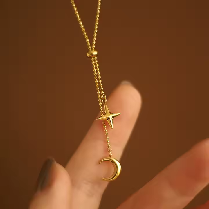 Moon and Star Tassel Pendant Necklace