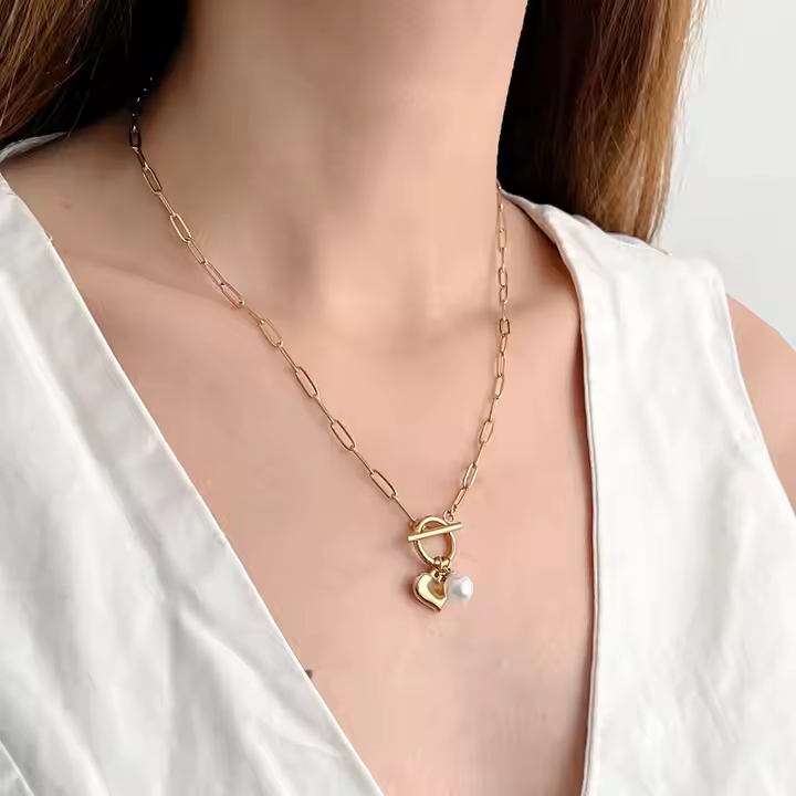 Paperclip Pearl Heart Pendant Necklace