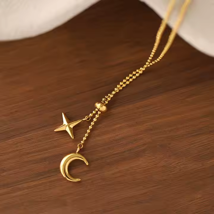 Moon and Star Tassel Pendant Necklace